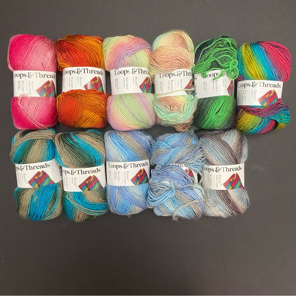 Loops & Threads Facets Yarn Lot of 11 Acrylic (9 Colors) Crochet Knitting Fibers